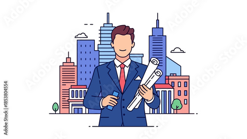 Professional businessman presenting blueprints in a modern cityscape skyline.