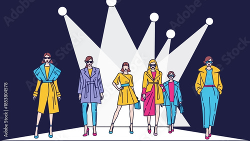 Vibrant Group of Fashionable Models on Stage Under Spotlight.
