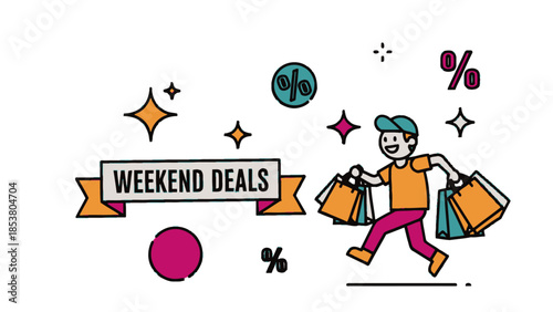 Cheerful cartoon shopper with colorful bags enjoying weekend deals in a lively lifestyle illustration.