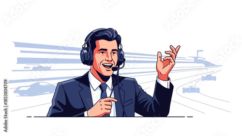 Cartoon broadcaster wearing a headset delivers energetic on air commentary from a microphone studio.