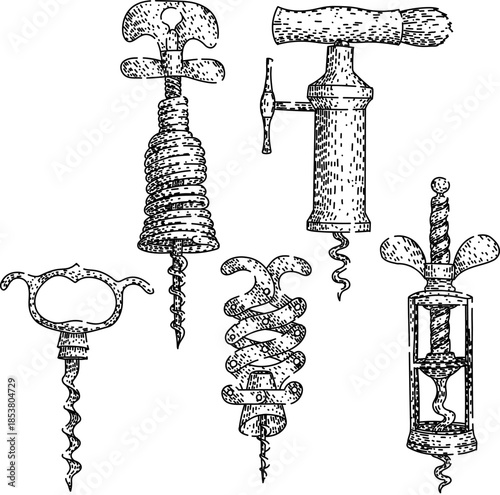 Assortment of classic corkscrew tools in an antique engraving style, perfect for illustrating wine culture, bar accessories, and traditional bottle opening methods