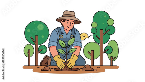 Cartoon farmer planting seedlings in a sunlit field with trees and rural landscape.