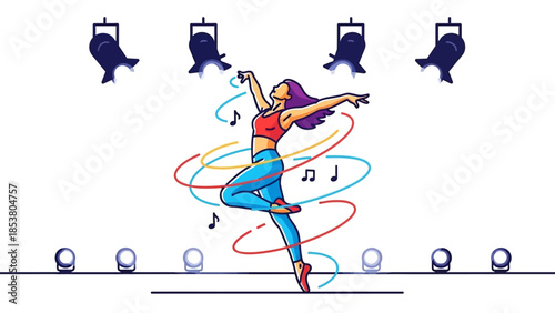 Energetic female dancer performing with colorful hoops under stage lights during athletic performance.