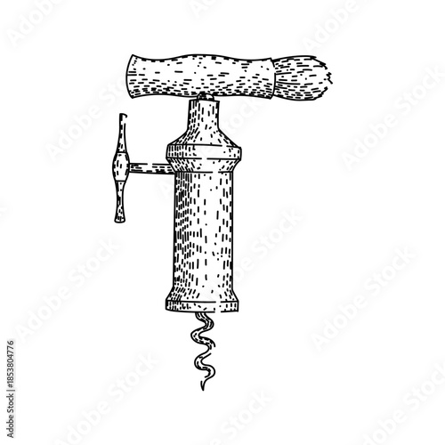 Vintage hand drawing illustrating a classic corkscrew, a essential bar tool used for effortlessly uncorking wine bottles during special occasions and gatherings