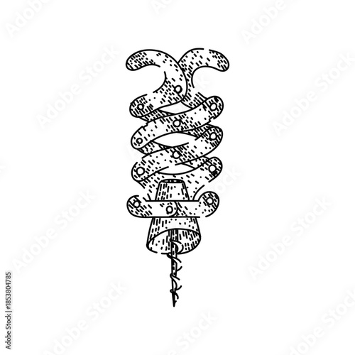 Corkscrew line art illustration of a classic wine opener, minimalist hand drawn icon showing bottle opening action, perfect for kitchenware, barware and restaurant use