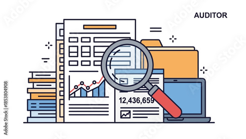 Close up of business analysis with documents, magnifying glass and charts on a desk.