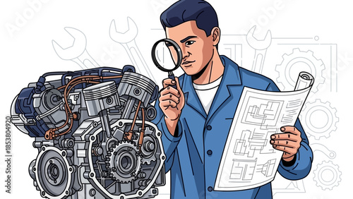 Engineer Examining an Automotive Engine with Magnifying Glass and Blueprint, Analyzing Components.