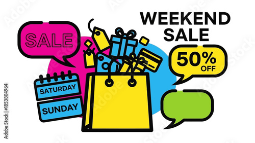 Colorful weekend shopping illustration featuring bags, banners and promotional signs.