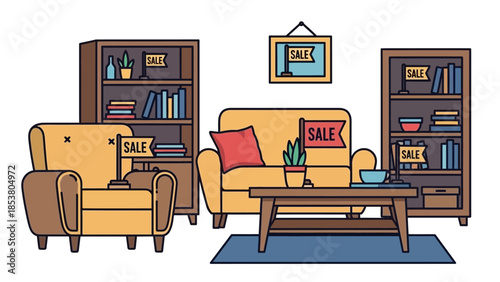 Cozy living room setup with sofa chairs shelves and coffee table.