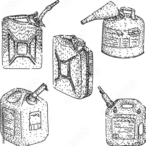 Fuel cans illustration showing various styles of containers used for storing and transporting gasoline and diesel, useful for automotive, industry, and emergency concepts