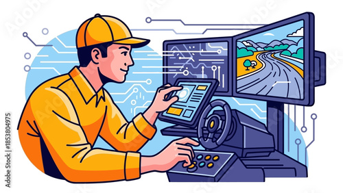 Worker in Safety Helmet Operating Advanced Control Console with Dual Monitors.