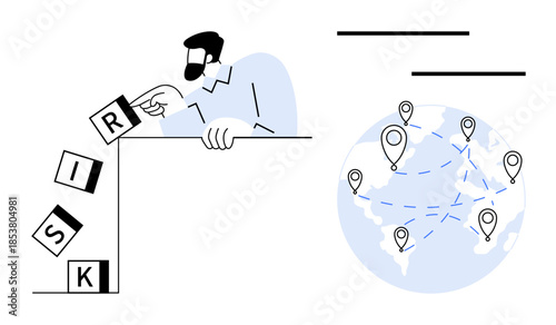 Man tipping blocks spelling risk with a globe featuring location pins and connections. Ideal for topics thumbs up risk management, analysis, decision-making, globalization, networking, strategy