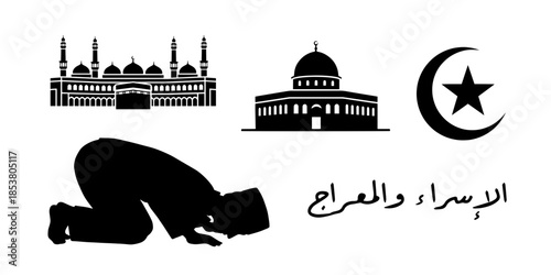 Islamic Isra Miraj commemorative vector set featuring mosque silhouettes, dome architecture, crescent moon, and praying figure. Perfect for religious events, decorations, and spiritual designs.