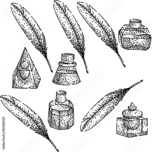 Hand drawn illustration of vintage writing tools, feather quill pens and inkwells arranged as a classic black and white engraving, ideal for literature, history, and education concepts