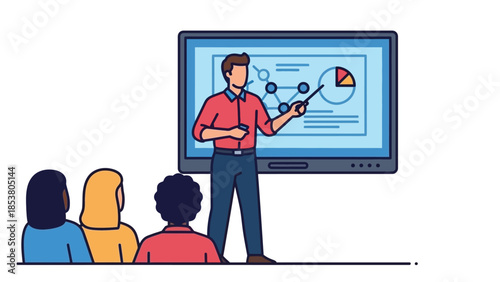 Presenter explaining data analytics to a group of people during a business presentation illustration.