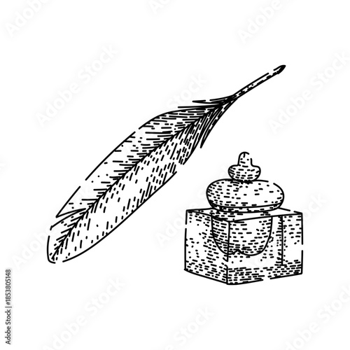 Quill pen and inkwell illustration evoking vintage writing, literature, and historical communication, ideal for education, antique themes, authorship, poetry, and classic design concepts