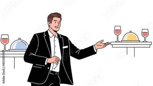 Formal waiter presenting beverage service at a reception with trays of wine and cocktails.