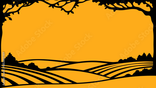 Illustration of a landscape with rolling hills and a tree canopy in black silhouette against gold background