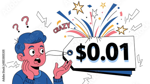 Surprised cartoon man shouts into a megaphone announcing a price of one cent.