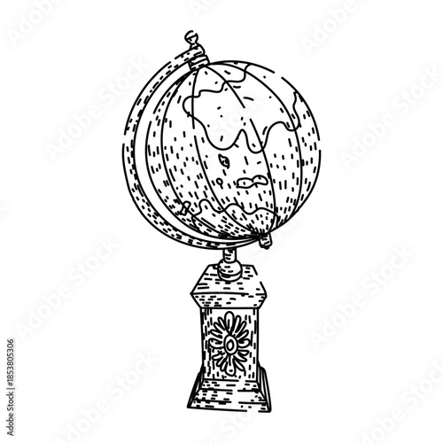 Detailed line art illustration depicting a terrestrial globe on a decorative stand, representing concepts of geography, global knowledge, travel, and learning about the planet