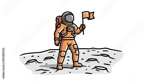 Cartoon Astronaut Standing on the Moon with Flag During Space Adventure.