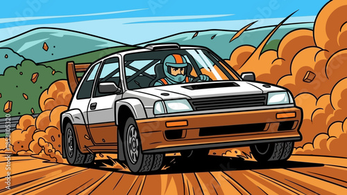 Dusty desert rally car powers through a dusty trail with dynamic motion and rugged landscape.