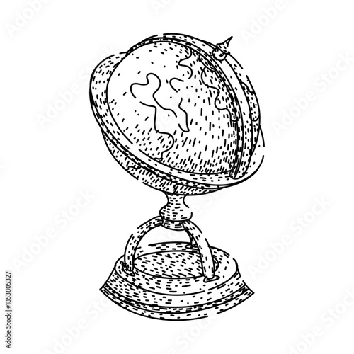 Old school globe displaying stylized world map, representing concepts of global travel, geography, learning, and discovery in a hand drawn sketch art style