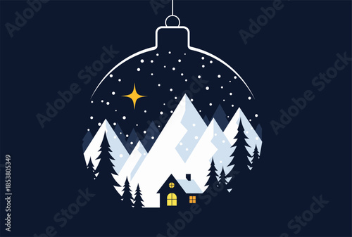 Winter mountain landscape inside a ornament with a lit house and starry sky