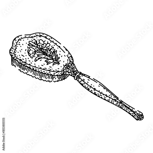 Stylized hand drawing showing a vintage hairbrush featuring an elegant decorative floral pattern, representing classic beauty and timeless grooming accessories
