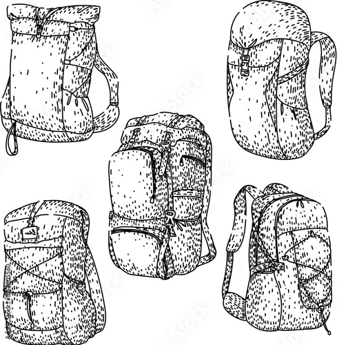 Set of etched style hiking backpacks and rucksacks in detailed line art, vintage engraving illustrations showing travel, camping, trekking and wilderness expedition gear on white background