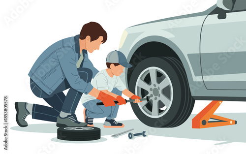 A man and child changing a car tire together in a driveway