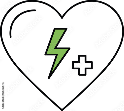 Heart shape with green lightning bolt and plus symbol black outline