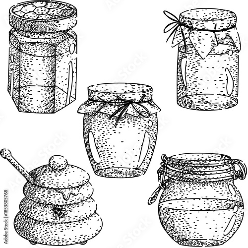 Various honey jars and a traditional beehive shaped pot with a dipper, depicting different rustic and vintage container styles for sweet natural products in a detailed outline sketch