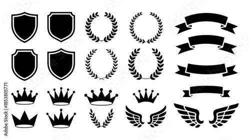 Collection of heraldic symbols including shields, crowns, laurel wreaths, banners, and wings