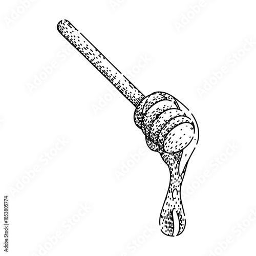 Honey dipper producing a falling drop of viscous liquid, illustrating natural sweetness and organic food concepts in an isolated hand drawn sketch style