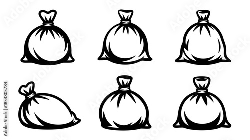 A set of six illustrations showing various orientations of a tied sack or bag