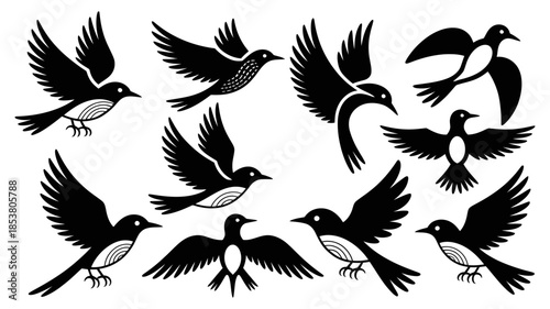 Collection of stylized black and white birds in flight