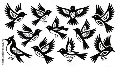 A collection of charming black and white bird illustrations in various flight poses