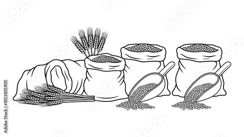 A black and white line art illustration featuring sacks of wheat grain and harvest tools