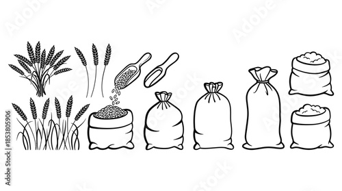 A collection of illustrations showing wheat harvesting and grain storage in sacks