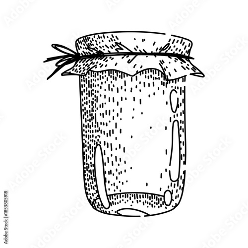 Glass jar of homemade fruit jam with a fabric cover tied by string, vintage style line art illustration evoking rustic canning, breakfast preserves and traditional kitchen storage