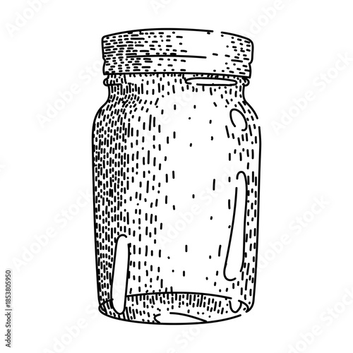 Glass canning jar illustration representing storage, preservation, and homemade concepts with detailed hand drawn etching texture against a white background