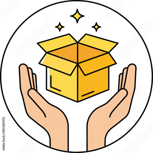 Open yellow cardboard box held by two hands with sparkling stars above holding open box