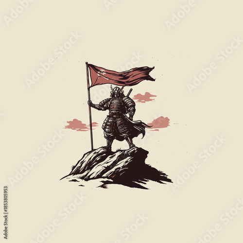 Vintage hand-drawn illustration of a fierce samurai warrior standing atop a mountain peak, triumphantly holding a tattered battle flag