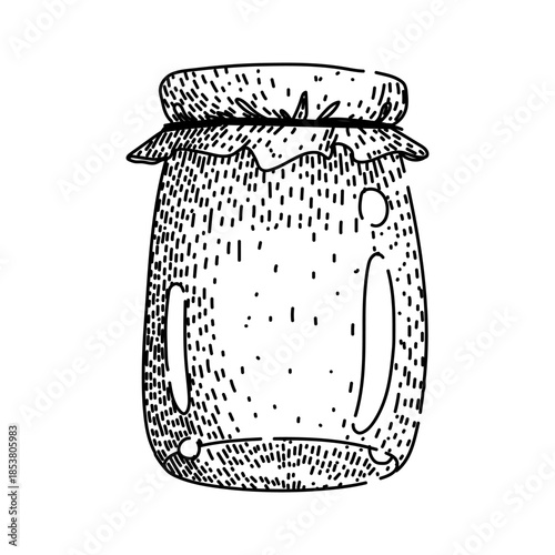 Empty glass jar with fabric covered lid evokes homemade preserves, natural ingredients and traditional canning, minimalist hand drawn sketch perfect for rustic kitchen themes