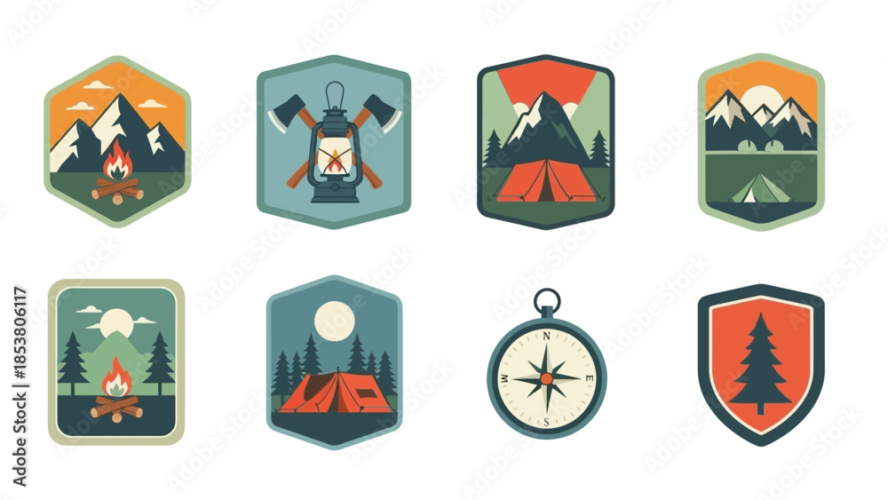 Fototapeta premium Illustrated Outdoor Adventure Badges: Camping, Hiking, and Wilderness Exploration Graphics