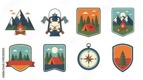 Collection of Outdoor Adventure Emblems: Camping, Mountains, and Wilderness Exploration