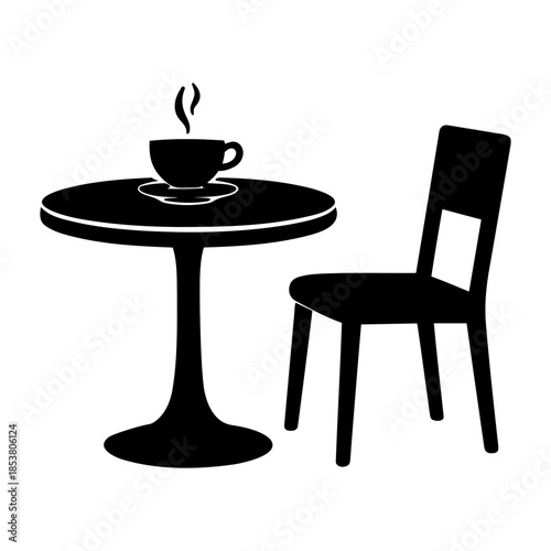 Minimalist Coffee Cup on Cafe Table with Chair Silhouette