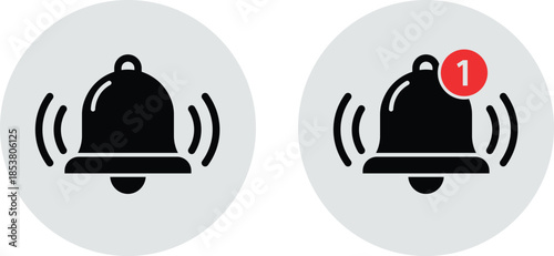 Two black notification bells one with a red circle and number one alert symbol