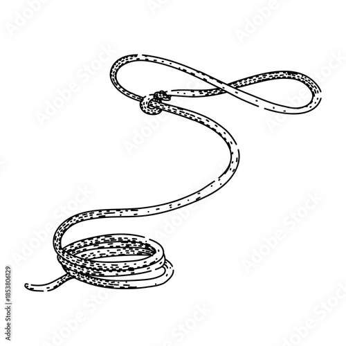 Lasso rope depicting a running knot with a large open loop, showing the long cord coiled at the bottom, illustrating classic western and cowboy themes